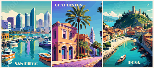 Set of Travel Destination Posters in retro style. Chaleston, San Diego, USA, Bosa, Italy landscape digital prints. Summer vacation, holidays concept. Vintage vector colorful illustrations.