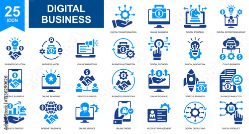 Digital Business and Online Business icon set collection. Simple glyph color vector