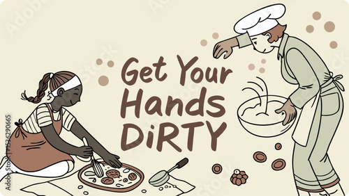 Illustration of two chefs prepare a meal together, getting their hands dirty in the kitchen