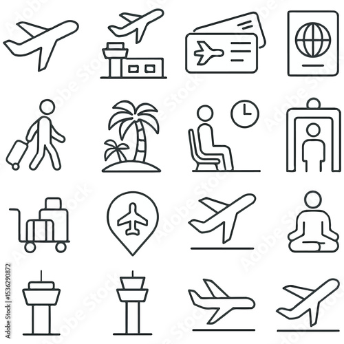 Air Travel Vector Icon Set  Adjustable Line Weight  Plane window, boarding pass, seats, luggage, airplane, palm tree, and more. vector illustration.
