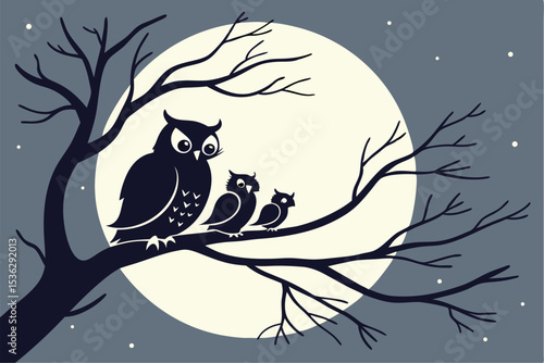 Charming owl family silhouette on a branch under a full moon, perfect for enchanting wall art, nursery decor, and nature-inspired crafts.
