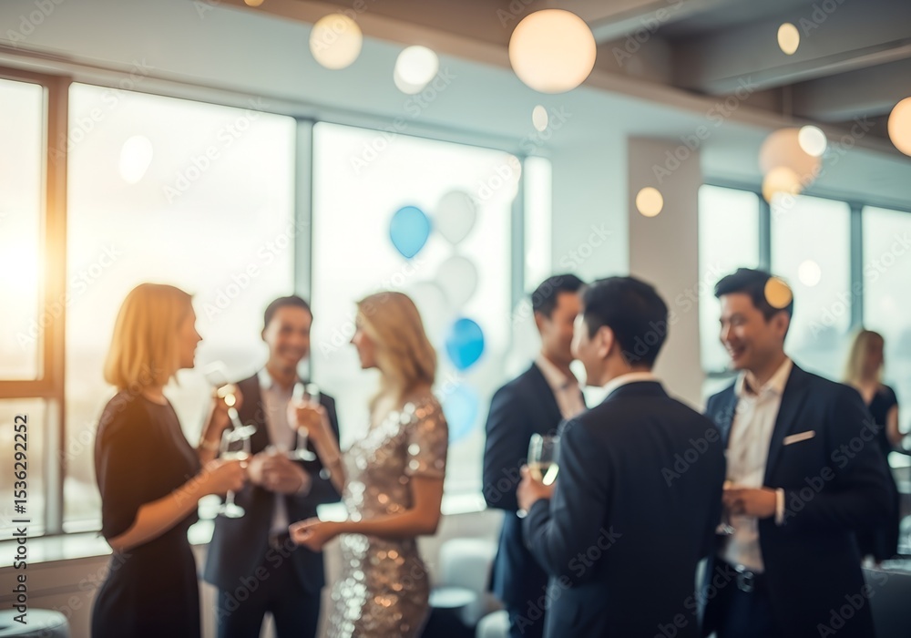 Fototapeta premium Blurred shot of business people at party in office center , business people in office with window and light bokeh effect