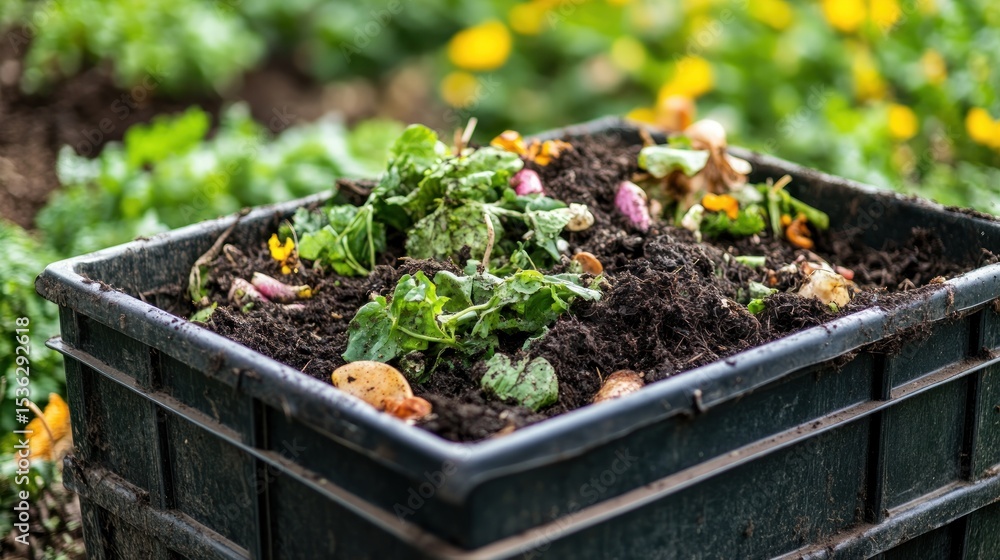 Compost bin overflowing with organic matter Compost bin overflowing with organic matter