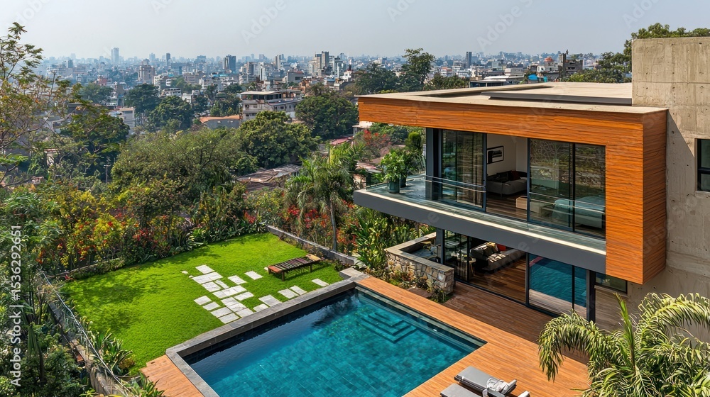 Fototapeta premium Modern house with pool and city view
