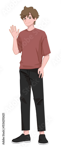 手を振るカジュアルな服装の男性の全身イラスト