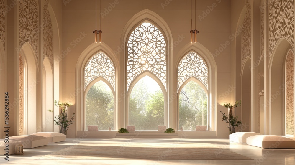 Obraz premium Spacious, sunlit interior with arched windows
