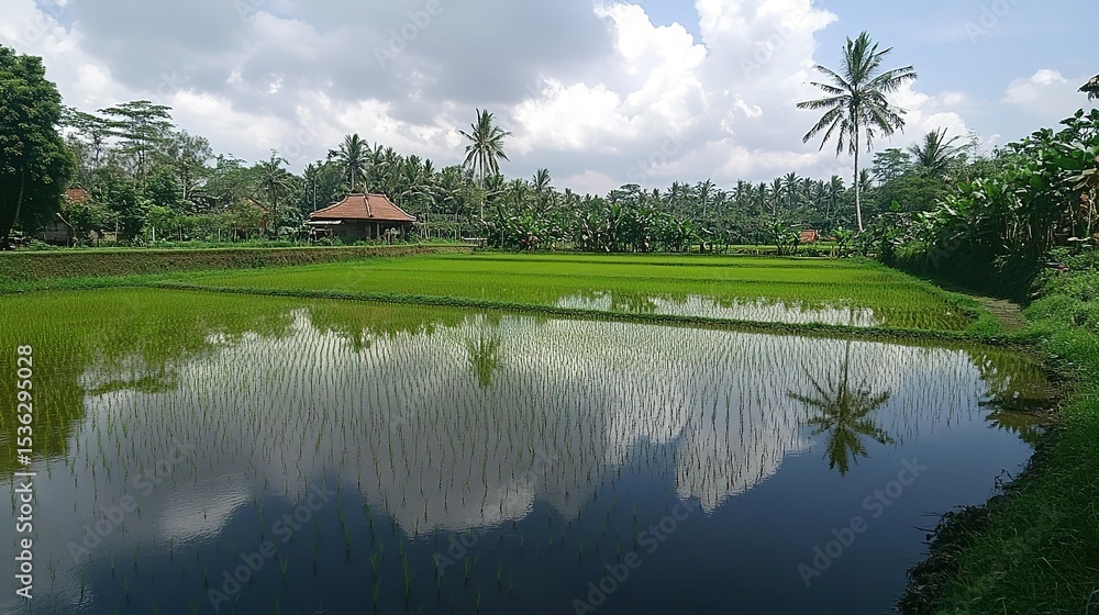 Obraz premium Lush rice paddy landscape under a partly cloudy sky