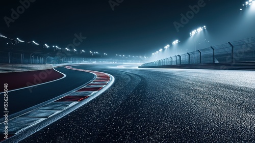 An empty Formula 1 track illuminated by bright floodlights at night, showcasing the sleek pavement and dramatic curves typical of racing circuits.