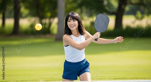 Asian woman playing pickleball outdoors on a sunny day with paddle and ball in a park setting for sport