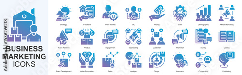 Business Marketing icon set vecvtor Solid Gradient Style strategy, collateral, niche market, b2c, pricing, crm, demographic, affiliate marketing, public relation, product, engagement, sponsorship