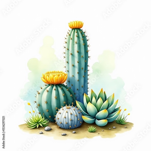 Exotic Succulent Arrangement Artistic Illustration of Desert Plants and Small White Flowers