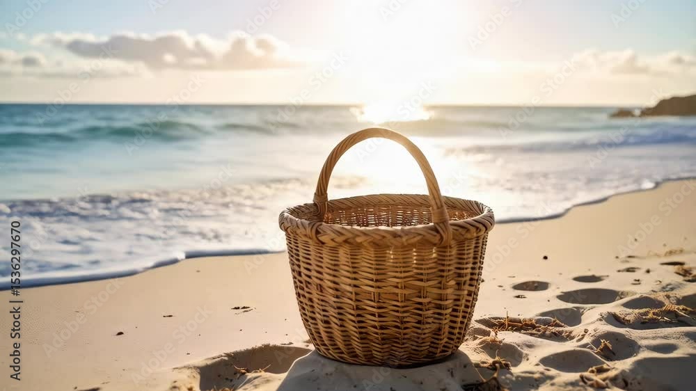 Seascape featuring woven picnic basket standing on a sandy beach during a bright sunny day with ocean waves in the background.
