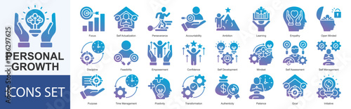 Personal Growth icon set vector Solid Gradient Style focus, self actualization, perseverance, accountability, ambition, learning, empathy, open minded, discipline, feasibility