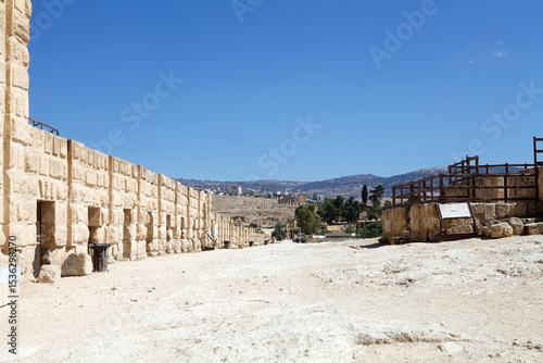 The Church of Marianos and hippodrome at the ancient city of Gerasa, now Jerash, Jordan with the modern Jerash in the background