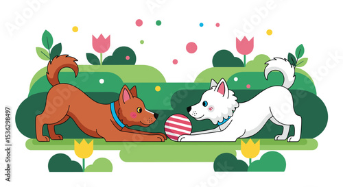Two Dogs Playfully Stretching Toward an Easter Egg in a Spring Garden