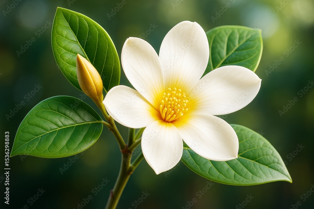 Obraz premium Close-up of a white flower with yellow center and green leaves on soft blurred background, botanical beauty and nature concept in soft light style.