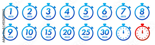 残り時間を表示するタイマー/ストップウォッチ/時計のアイコンイラストデザインセット(timer clock stopwatch 1min 2min 3min 4min 5min 6min 7min 8min 9min 10min 15min 20min 25min 30min 残り時間 シンプル アイコンイラスト ベクター 編集可能)
