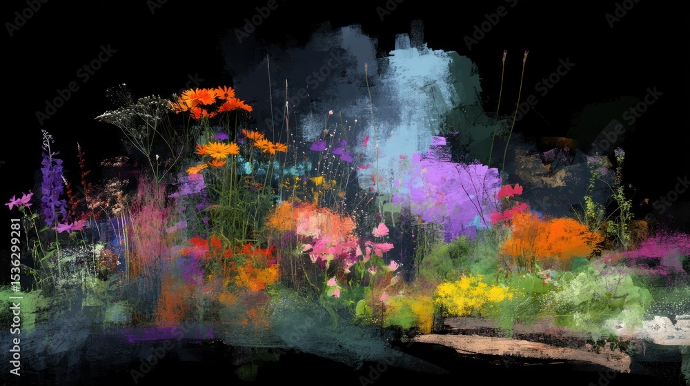 Naklejka premium Vibrant flower garden in a digital painting