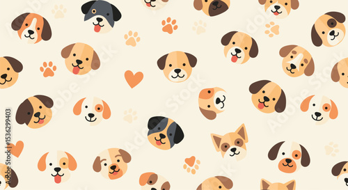 A Patterned Collection of Adorable Puppy Faces with Paws and Little Hearts on a Beige Background