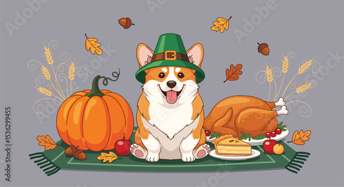 Cute Thanksgiving Corgi Puppy Feast Digital Artwork Celebrating Harvest and Seasonal Cheer