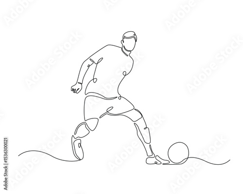 Football player outline drawing illustration. one continuous line drawing of soccer player kick the ball.