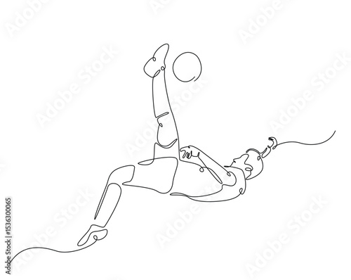 Football player outline drawing illustration. one continuous line drawing of soccer player kick the ball.