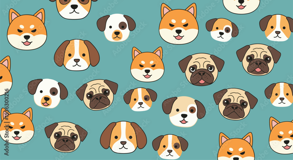 Fototapeta premium Various Dog Breeds Adorable Faces Illustration Puppy Pattern Animals Background Colorful Style Art