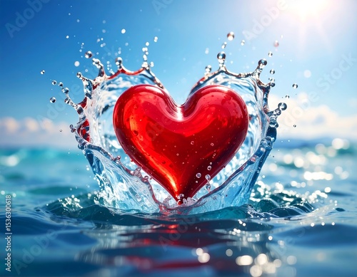 Red heart splashing in water