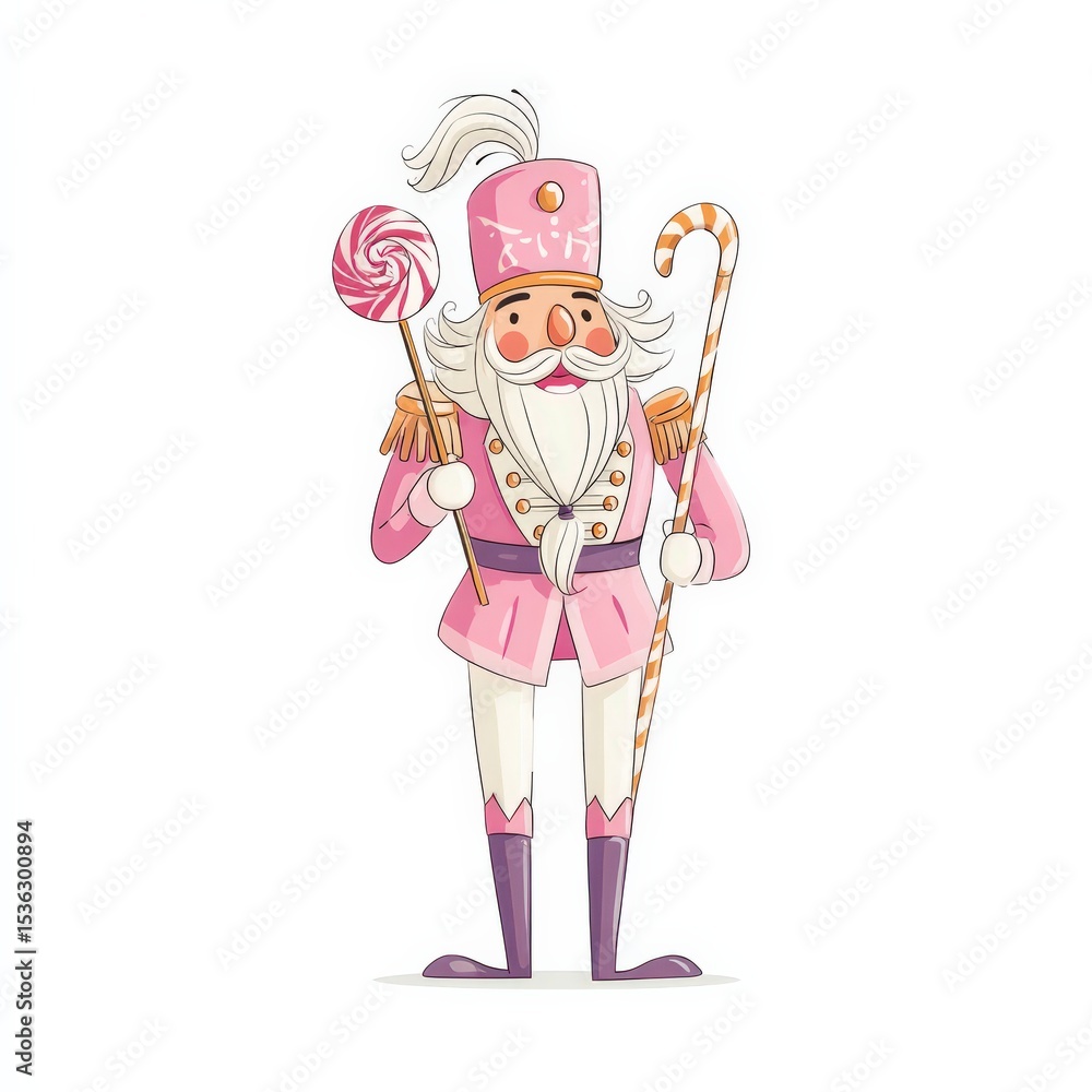 Candy nutcracker in striped pink uniform holding lollipop and smiling in festive upright pose, Watercolor Illustration Candy nutcracker in striped pink uniform holding lollipop and smiling in festive upright pose, Watercolor Illustration