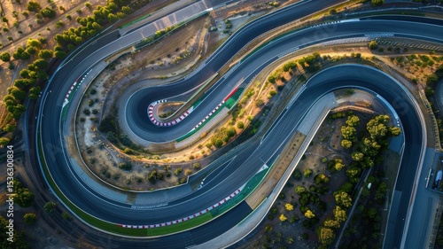 A captivating aerial shot of an empty F1 track featuring a series of intricate chicanes. Ideal for illustrating motorsport dynamics and racing excitement.