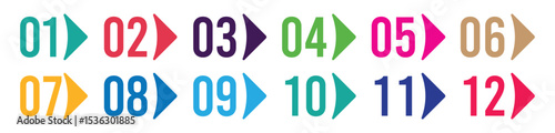 Colorful number bullet points 1 to 12 vector set.