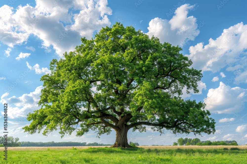 Majestic oak in a grassy field under a partly cloudy sky Majestic oak in a grassy field under a partly cloudy sky