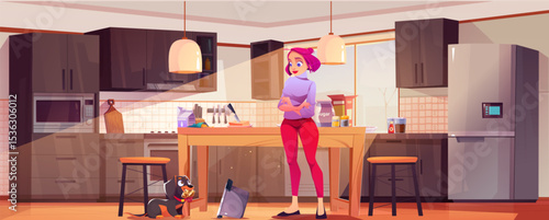 Cartoon woman standing in kitchen while dog eats muffin near pot on floor - female character watches black pet with pastry. Modern interior space with wooden table, dark cabinets and appliances.