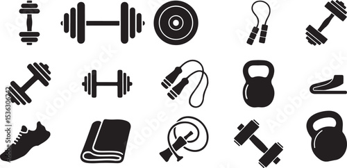 Fitness icons set dumbbells kettlebells jump rope and more