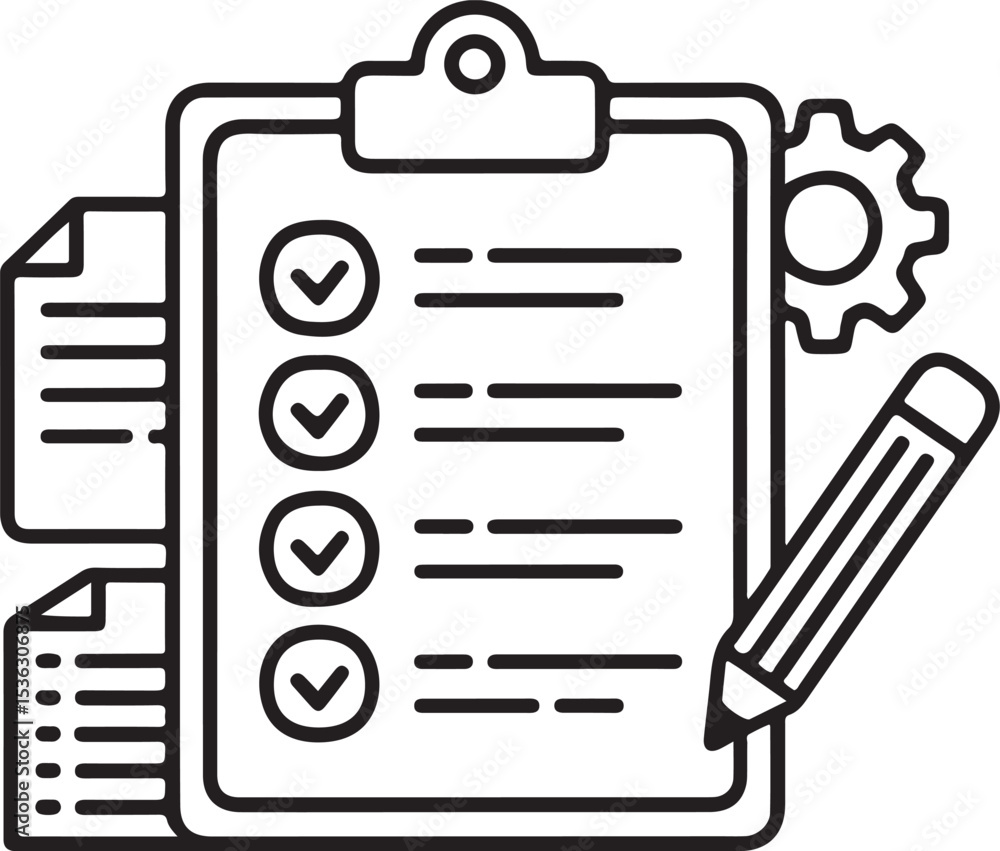 Checklist clipboard with pencil and gear icon Checklist clipboard with pencil and gear icon