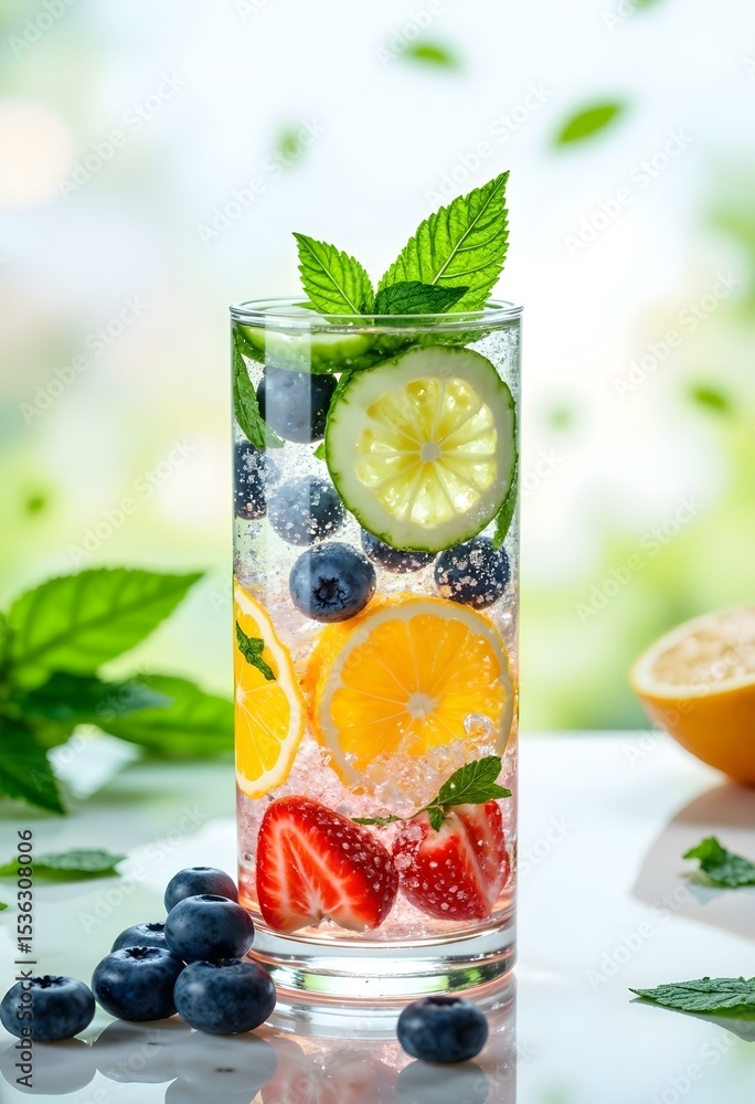 Fototapeta premium Layered Sparkling Fruit Infused Water in Clear Glass on Bright Background