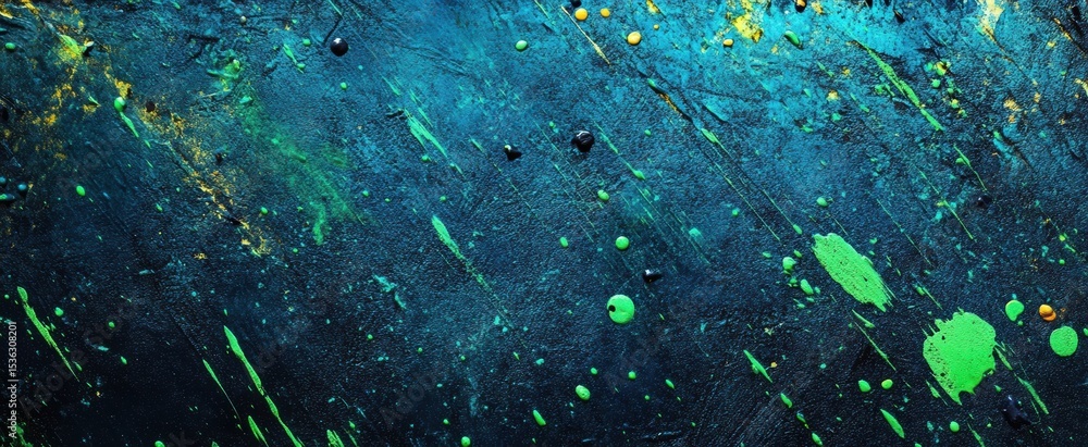 Fototapeta premium Colorful Abstract Background with Splashes of Neon Green and Blue Paint on a Dark Canvas Surface