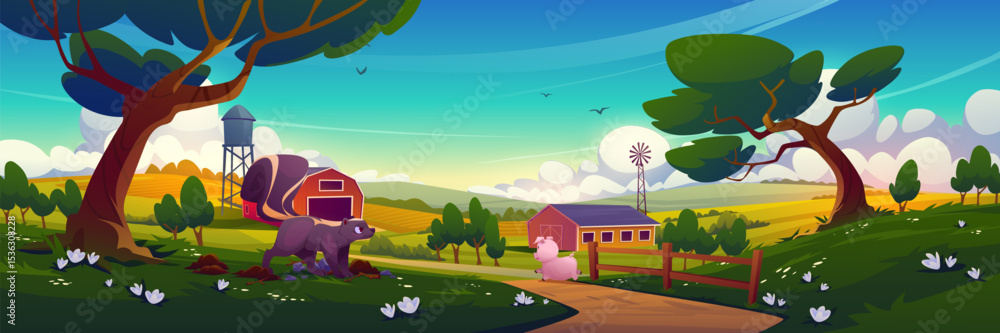 Fototapeta premium Cartoon pig runs from angry skunk on farm landscape - pink piggy flees black purple animal remains by tree. Rural scene with water tower and windmill, fence and path, green fields with white flowers.