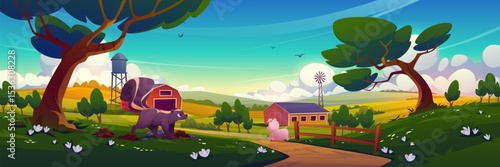 Cartoon pig runs from angry skunk on farm landscape - pink piggy flees black purple animal remains by tree. Rural scene with water tower and windmill, fence and path, green fields with white flowers.