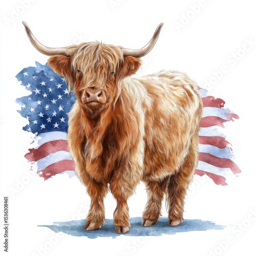 Highland cow with american flag watercolor background isolated on white background