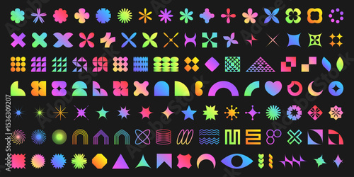 Colorful neon brutalist shape collection on black background - colorful hearts and stars, suns and flowers, crosses and spirals. Geometric abstract elements for retro graphic design, modern patterns