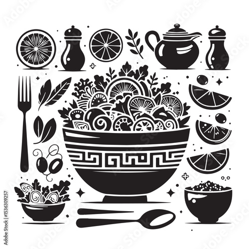 Black Greek Salad Silhouette Vector, High Quality Illustration on White Background
