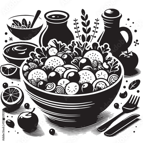 Black Greek Salad Silhouette Vector, High Quality Illustration on White Background