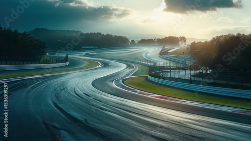 Captivating view of a winding section at the Suzuka Circuit. The wet track glistens under the cloudy sky, perfect for motorsport enthusiasts and photographers alike.