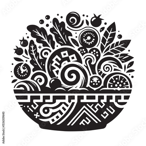Black Greek Salad Silhouette Vector, High Quality Illustration on White Background