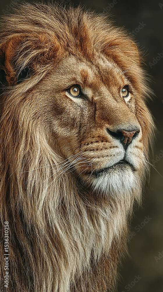 Fototapeta premium Majestic male lion in profile against a warm tan textured background. Symbolizes strength, courage, nobility, and the wild beauty of nature.