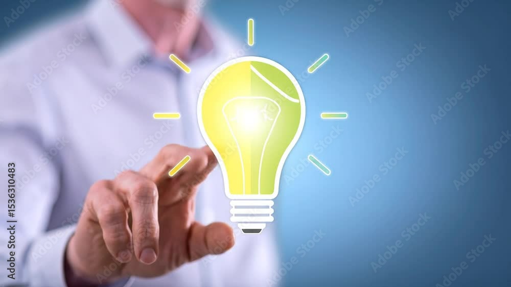 A hand points to a graphic lightbulb, suggesting new ideas A hand points to a graphic lightbulb, suggesting new ideas