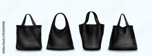 Black fabric tote bag mockup collection for shopping and retail. Elegant minimalist bags with handles shown in various shapes isolated on white for branding design and merchandise presentation.