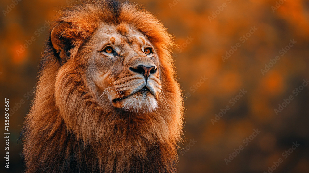 Obraz premium Majestic male lion in profile against a warm tan textured background. Symbolizes strength, courage, nobility, and the wild beauty of nature.