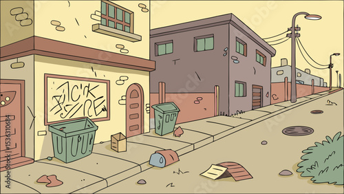 Slum dwellings, ghetto streets at night, and old structures with glow windows and graffiti on the walls. Roadside deteriorated homes with lights, fire hydrants, and trash cans vector cartoon